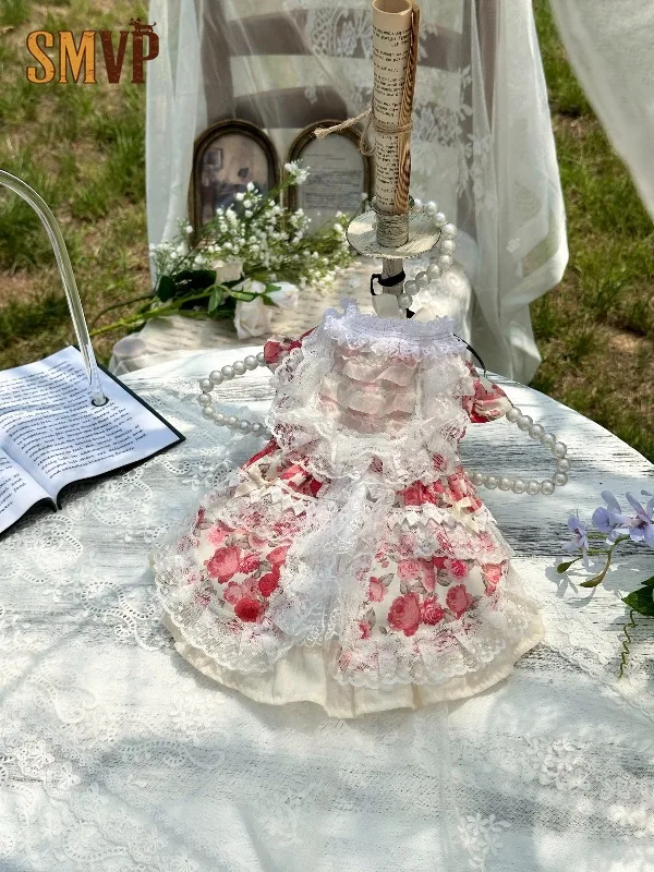 Luxury Handmade French Style Pet Dress Red Rose Floral Print Lace Trim Tiered Dress Vintage Country Outfit for Pets Daily Wear