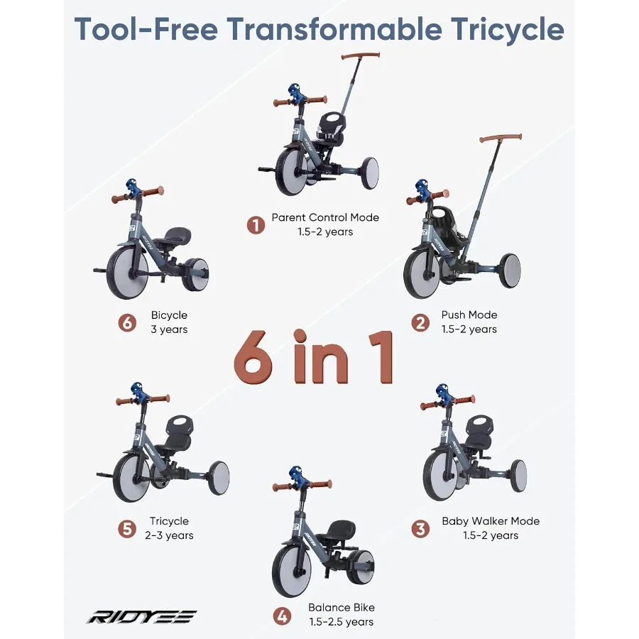 รถสามล้อเด็ก 5-in-1 สำหรับเด็กอายุ 1.5 ถึง 3 ปี พร้อมที่จับสำหรับผู้ปกครอง ปรับเปลี่ยนเป็นจักรยานทรงตัวได้โดยไม่ต้องใช้เครื่องมือ สายรัดนิรภัยแบบถอดได้
