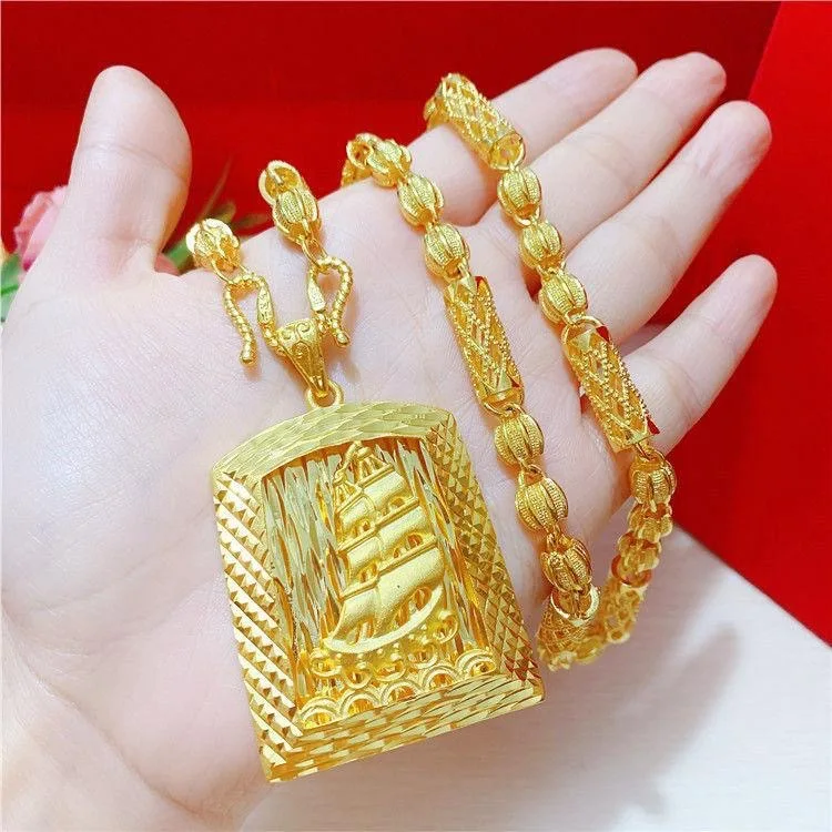 

Luxury 24K 9999 Pure Gold real gold Smooth Sailing Necklace Pendant Men's Hollow Grid Lantern Chain