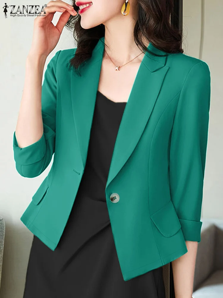 

ZANZEA Trendy Commute Blazer Women Elegant 2025 Spring 3/4 Sleeve Lapel Neck Casual Blazer Solid Color Office Lady Suit Coats