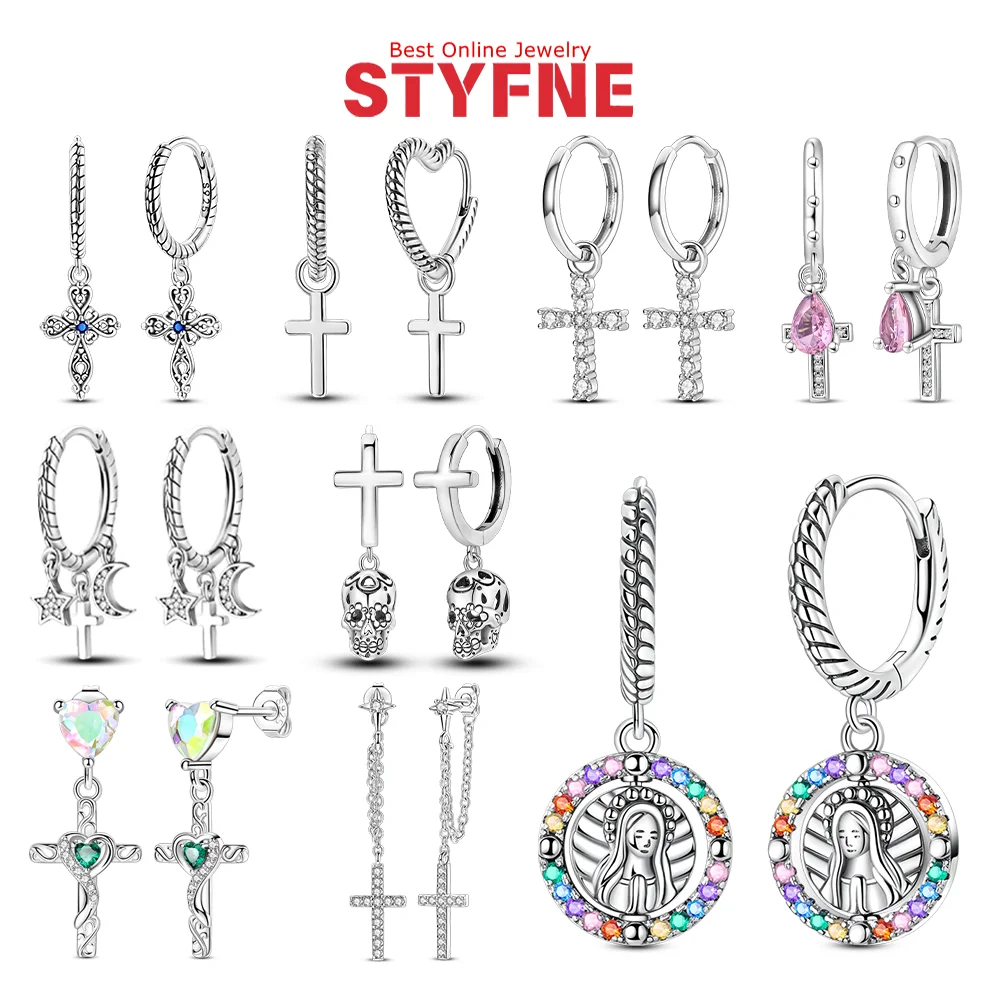 

Religious Series Earrings 925 Silver Sweet Pink Cross Hoop Earrings Skull Earrings for Women Fashion Accessories Exquisite Gift