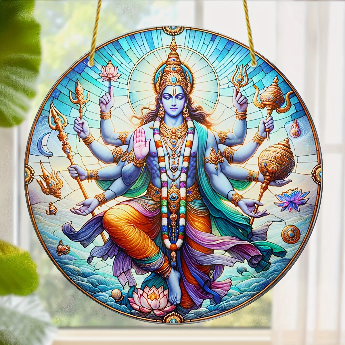 Classic Hindu Sun Catcher Wall Hanging-Religious Art Acrylic Sign,Vishnu Deity Wall Decor,Garden,Room,Doorway,Porch Decoration