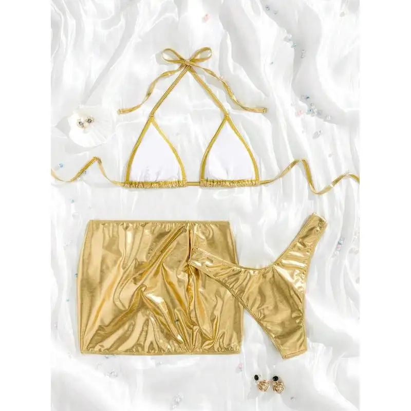 JEWELRY SEN Women Metallic Gold 3‑Piece Halter Triangle Bikini Set With Wrap Skirt Summer Beach Party Bathing Suit