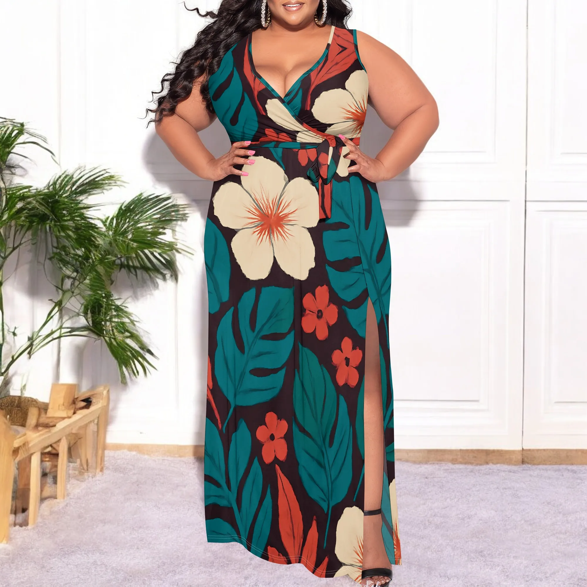 

Women's Tropical Wrap Dress 2025 New Arrival Floral Print Side Slit Summer Dress XL-6XL