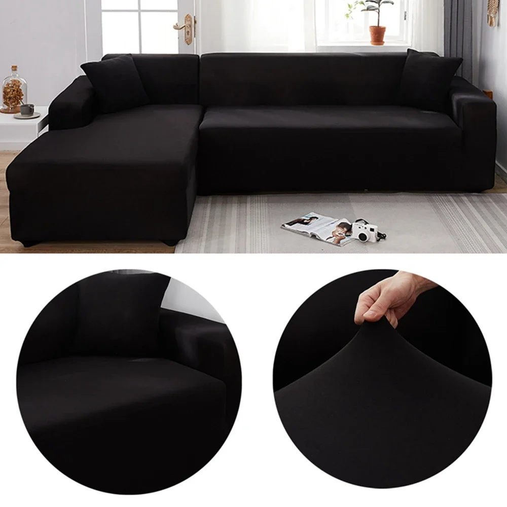 Black Soild Color Elastic Corner Sofa Cover for Living Room 2 3 4 Seater Chaise Longue Sofa Decorative L Shape  Protection Cover