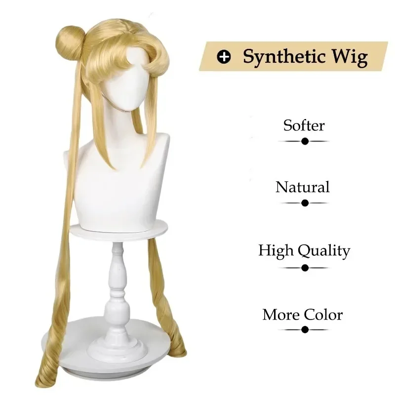 بحار القمر Tsukino Usagi طويل مجعد شقراء ذيل حصان شعر مستعار مع 2 ذيل حصان مع قبعة شعر مستعار لحفلة الهالوين زي