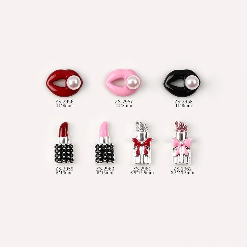 Rouge à Lèvres Rouge Romantique et Élégant en Strass, Perle en Métal 3D, Style de Luxe, Breloques pour Nail Art, Décorations, Fourniture en Vrac, 10 Pièces/Sac