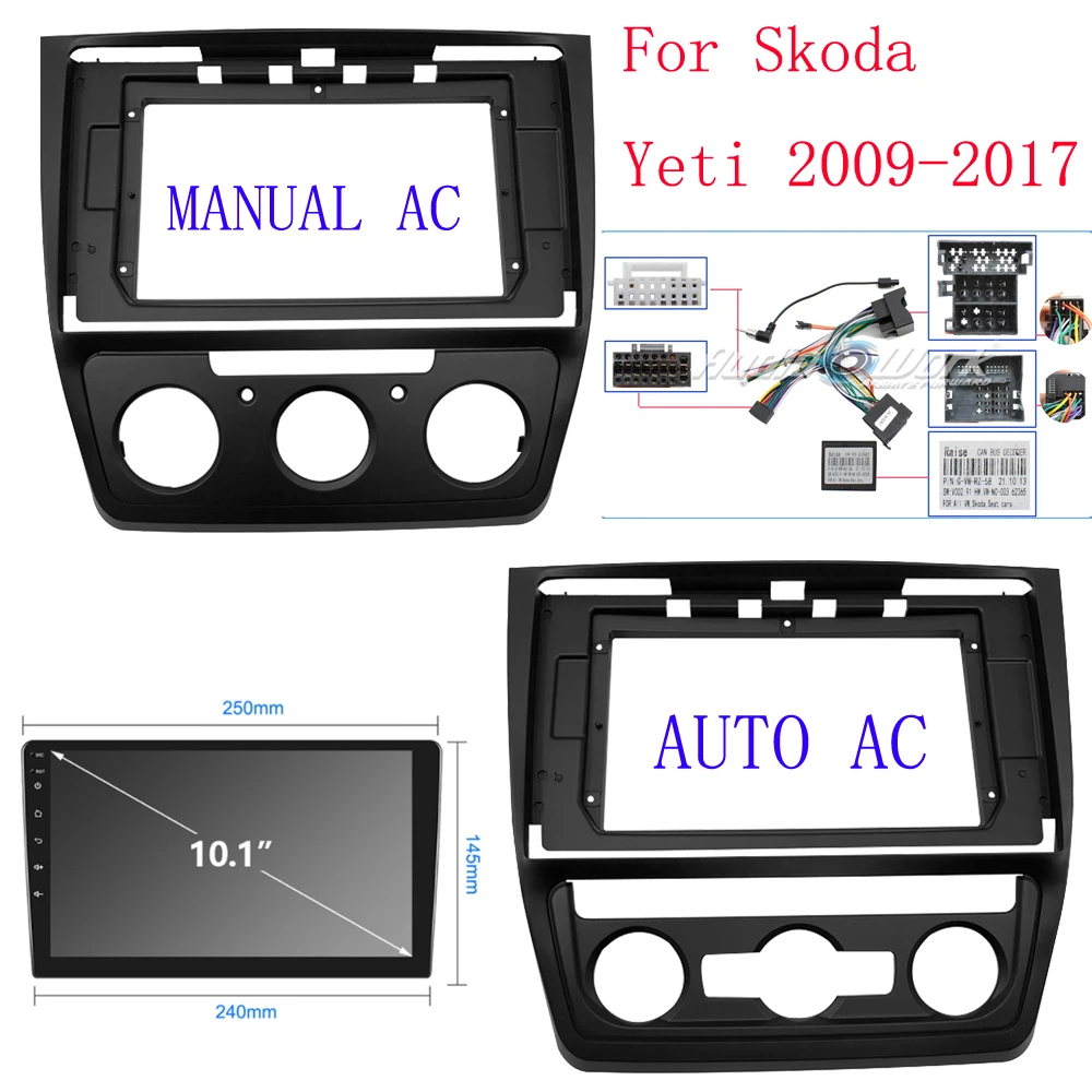 

10-дюймовый автомобильный радиоприемник для Skoda Yeti 2009-2017, рамка, стерео панель, жгут проводов, адаптер кабеля питания, комплект крепления декодера Canbus