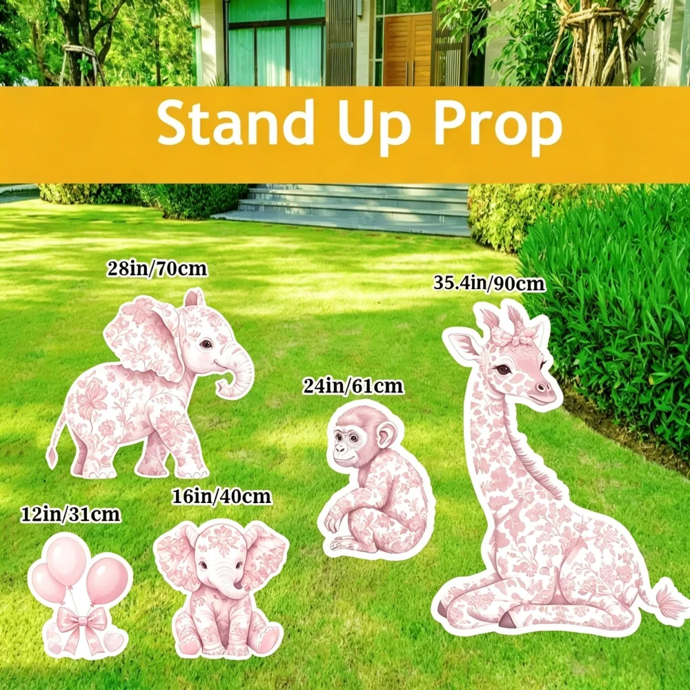 Pink Toile De Jouy Safari Animals Cutout, Chinoiserie KT Foam Board, Jungle Animal Stand Up Prop For Girl Baby Shower Party Deco