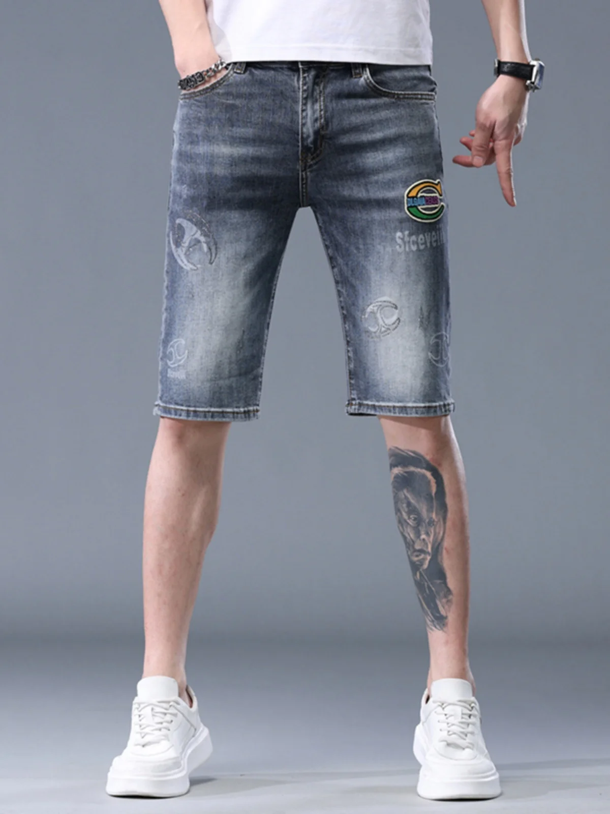 

High-End Rhinestone Printed Slim Fit Jeans Shorts Men's Summer New Trend Brand Handsome Elastic Straight Leg Five-Quarter Pants