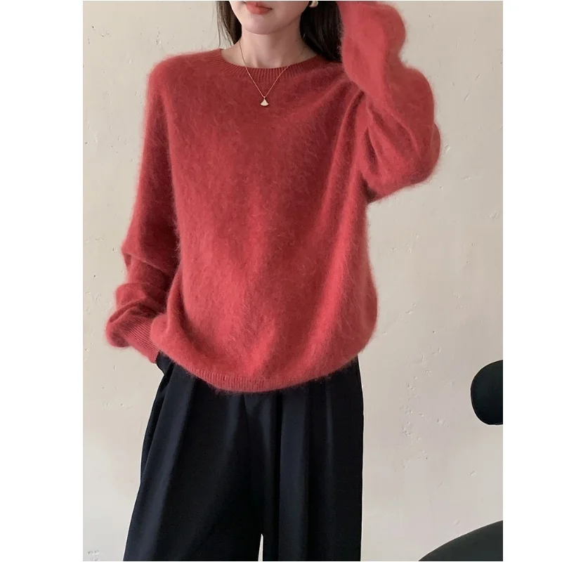 

Женский флисовый шерстяной кашемировый свитер, осенне-зимние бесшовные вязаные пуловеры с круглым вырезом, 95% шерсть, топы из 5 кашемира