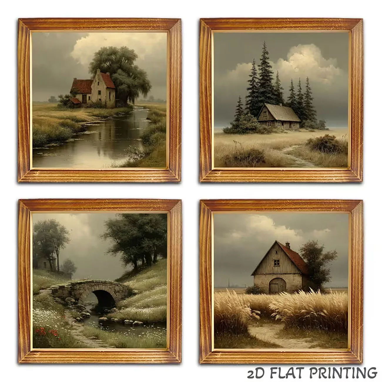 Lot de 4 décorations murales rustiques vintage en bois, motif pont en pierre de rivière et pin, avec ruban adhésif nano, sans perçage, pour ferme