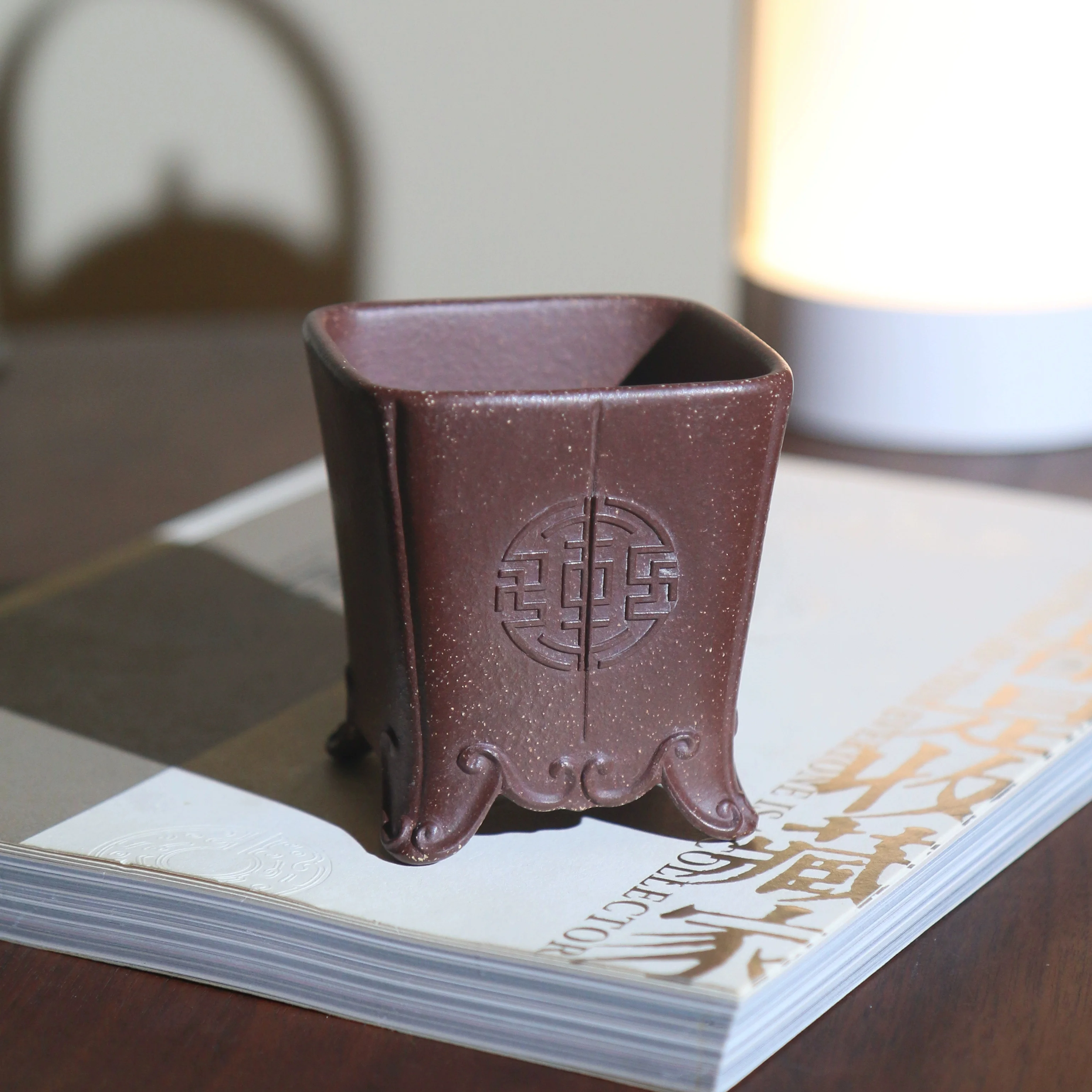 

Ceramic Hand Carved Bonsai Pot, Traditional Pattern, China Purple Sand, Dormitory Room Table, Home Garden Decoration