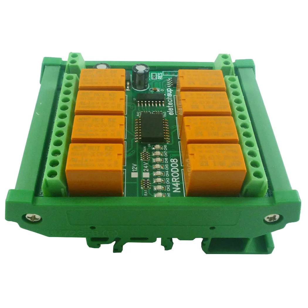 DIN C35 Relé Board, Rail Mount Box para PLC, HMI, DC 12V-24V, 8 Canais, Tamanho Micro, Baixo Consumo de Energia, RS485, RS422