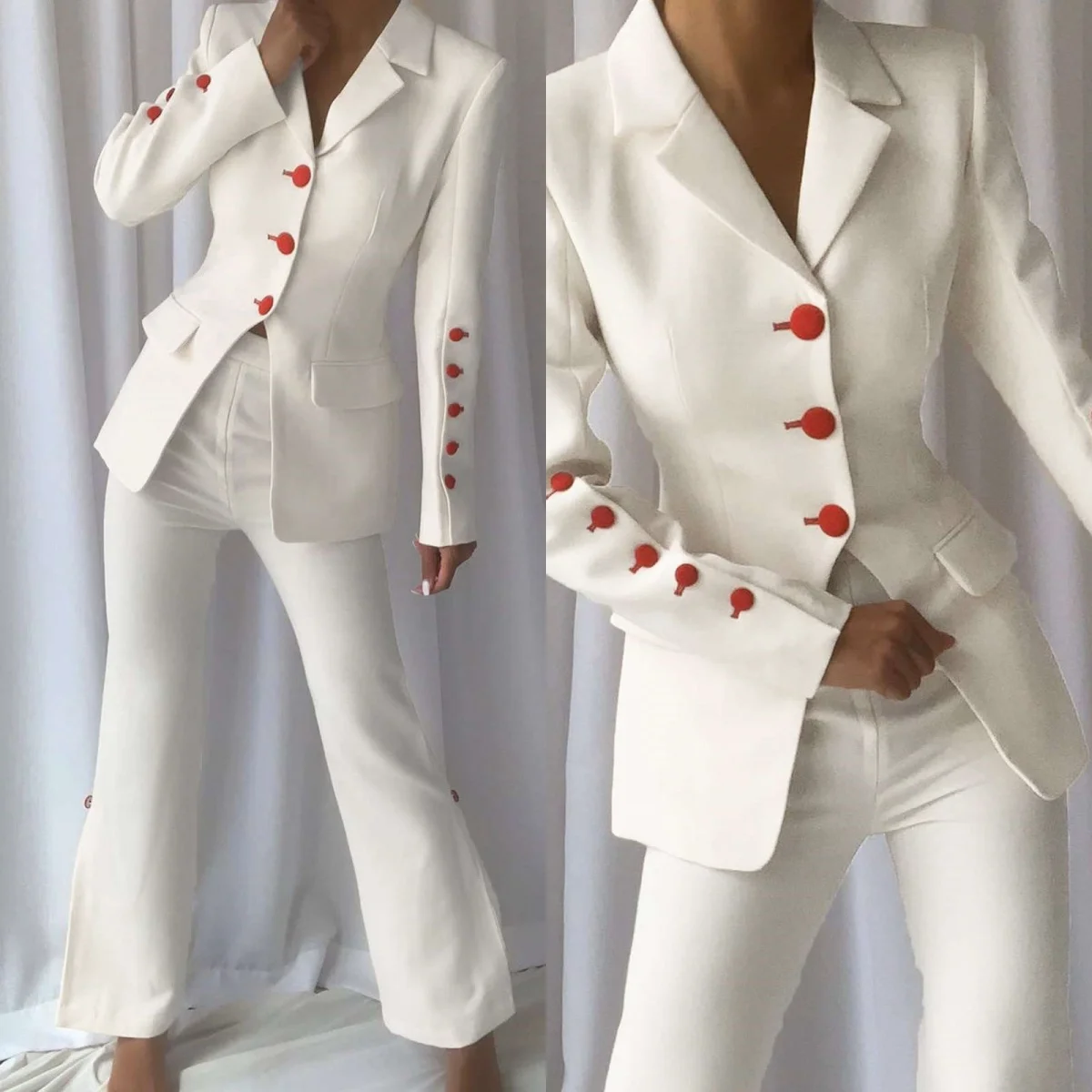 Red White Women Office Suits Single-breasted Blazer Elastic Waist Pants Suits Formal Party Wear 2 Pieces