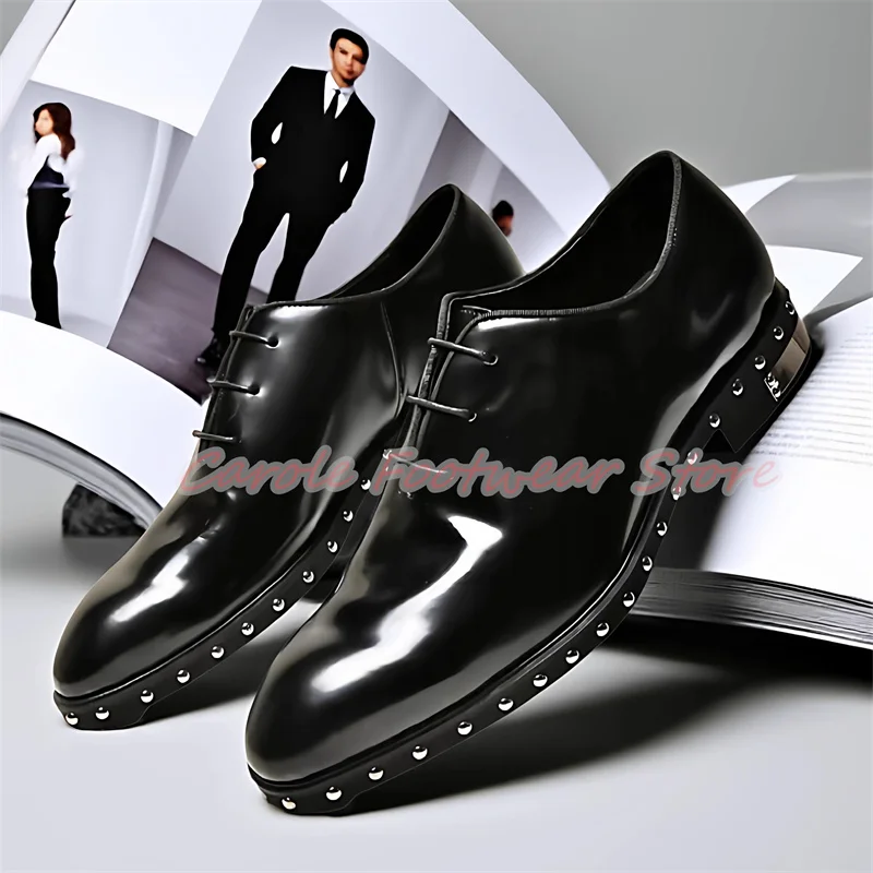 

Black Leather Metal Decor Chunky Heel Derby Shoes Male High Quality Business Formals Loafers Punk Rivet Lace-Up Oxfords for Men