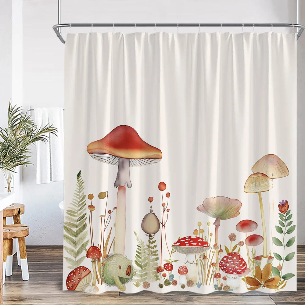 Mushroom Vintage Shower Curtain Green Leaf Plant Flower Spring Summer Bathroom Decor Retro Polyester Bathtub Curtain with Hooks