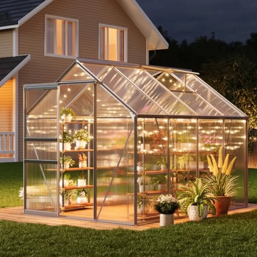 Outdoor 6x8FT walk-in greenhouse with polycarbonate panels, green color, adjustable roof vent and gutter system for winter gard