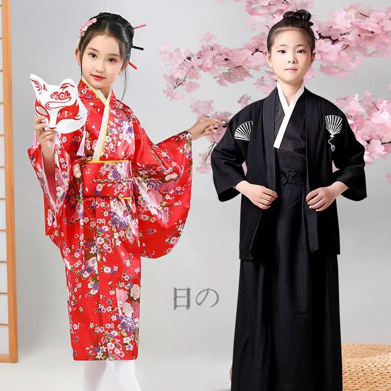 New Girls' Kimono Japanese Traditional Improved Printed Cardigan Pajama Robe Small Flower Formal Kimono Set For Children