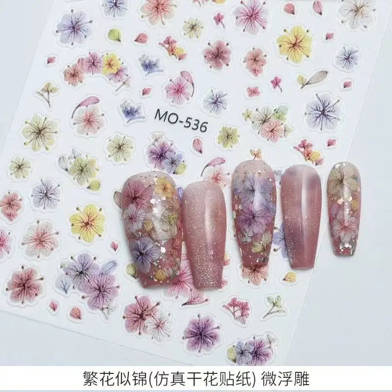 

Хит продаж: Наклейки для ногтей с прессованными цветами, 1 шт., градиентные, омбре, 3D рельефные, с блестками, цветочные, самоклеящиеся, для декора ногтей