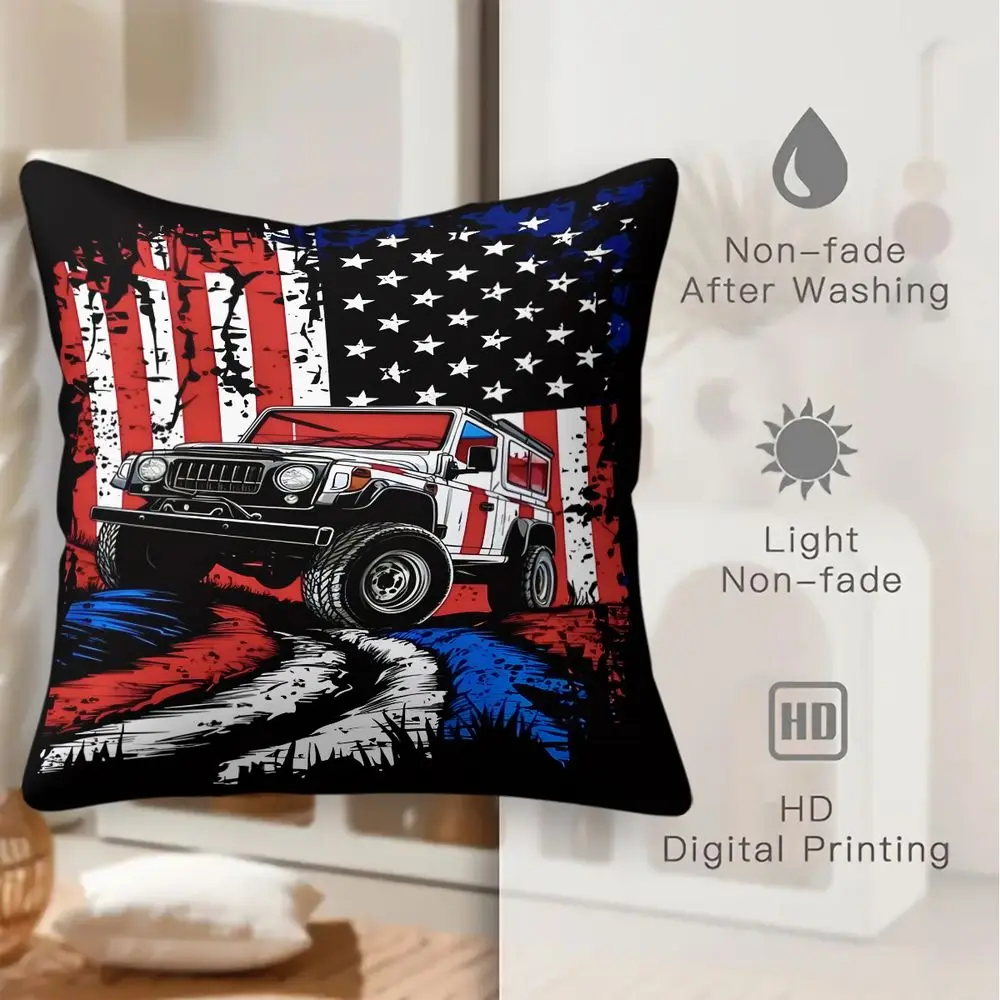 Off-Road Car Print Throw Pillow Digital Printed Cushion Cover Patriotic Vehicle Accent Pillow for Living Room Sofa