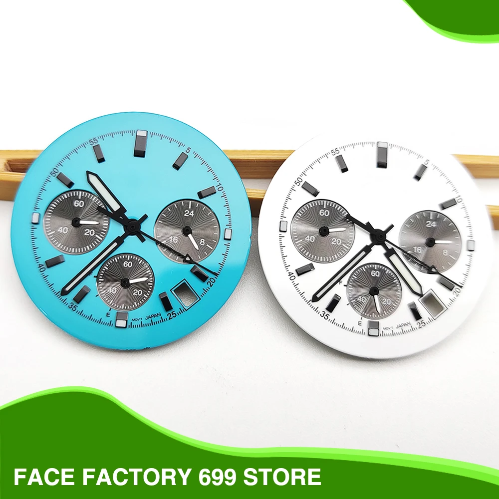 

32.5mm Panda Hand White, Blue Sterile Dial Fits 39MM Japan Chronograph VK63 Quartz Watch Stainless Steel Case