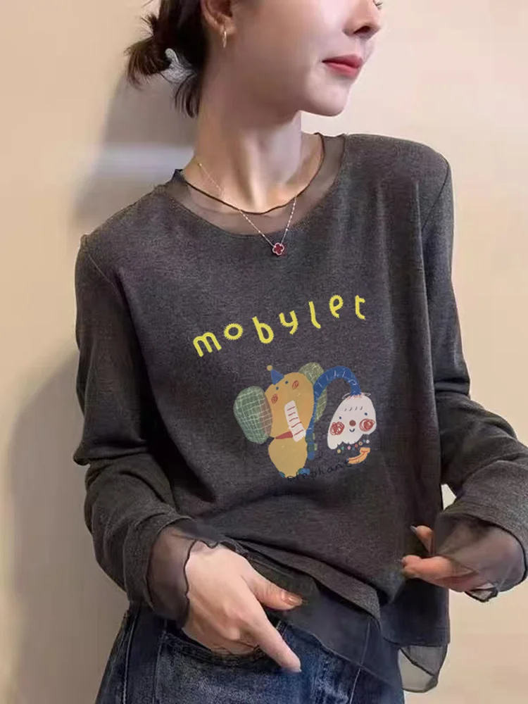 Retro American Lace round Neck Long Sleeve T-Shirt Women's Cartoon Anti-Aging Print Elastic Slimming Autumn Winter Base Shirt