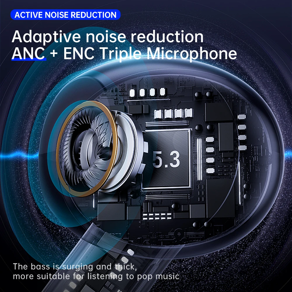 سماعات أذن ANC بلوتوث 5.3 هجينة بخاصية إلغاء الضوضاء النشطة مع 6 ميكروفون AI HD Call Deep Bass سماعة صوت عالية الدقة