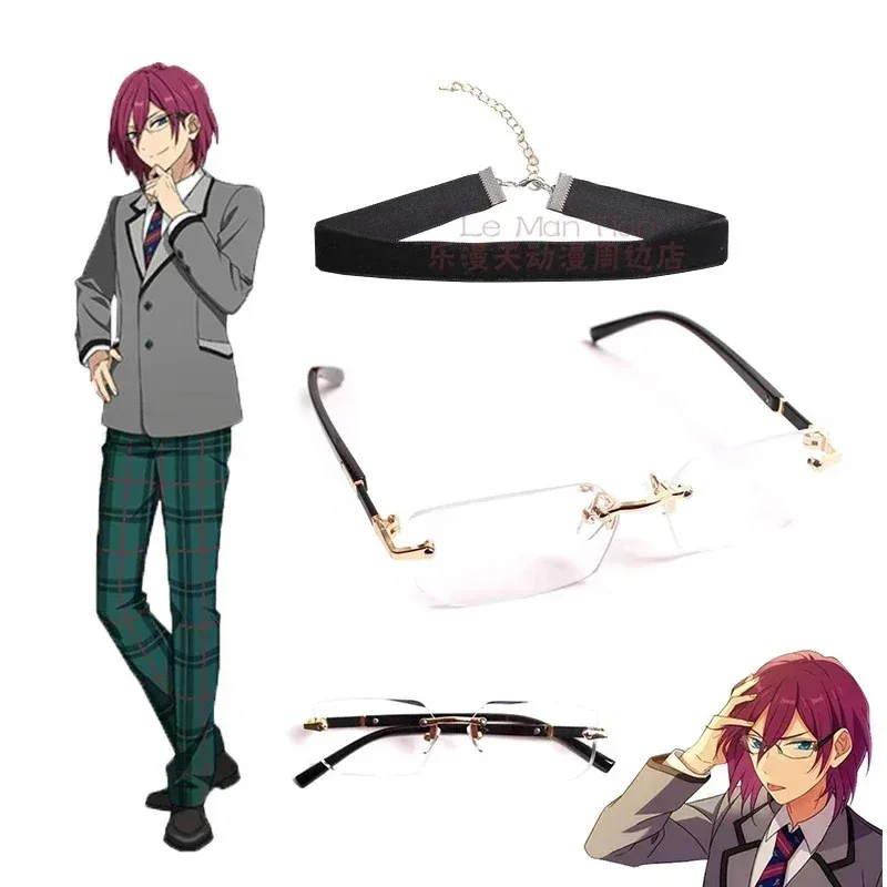 zz04zz12Ensemble Stars Saegusa Ibara Anime Cosplay Rimless Glasses Eyewear Sunglasses Party Props Unisex Wig Necklace Earrings O