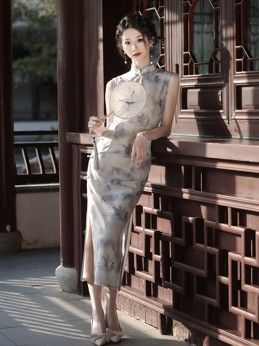 New Chinese 2024 Improvement Chinese Satin Cheongsam Daily Fresh Elegant Slim Cheongsam Qipao Dress