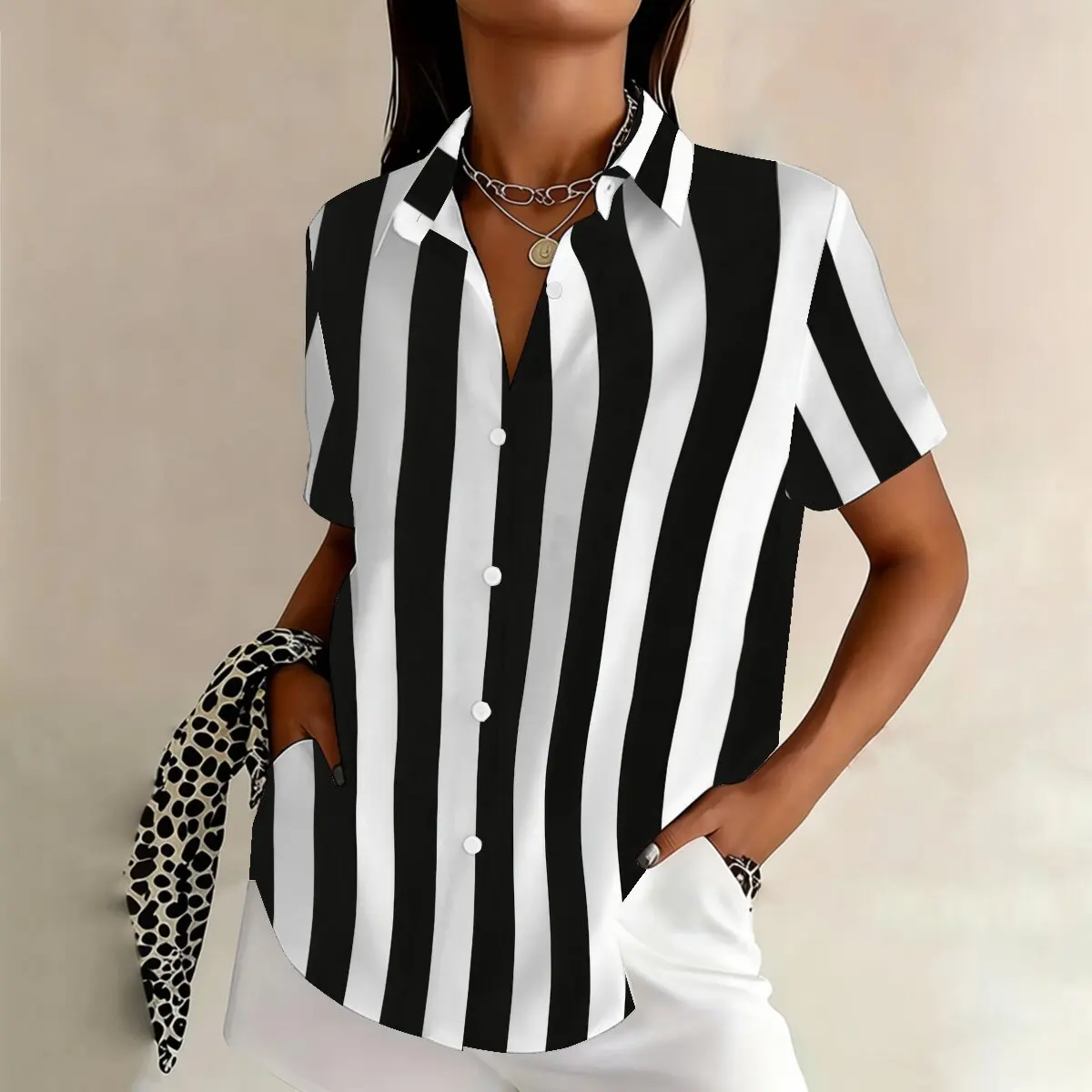 

Fashion plus-size women's summer lapel shirt, classic black-and-white vertical stripes, simple and retro, perfect for workplace,