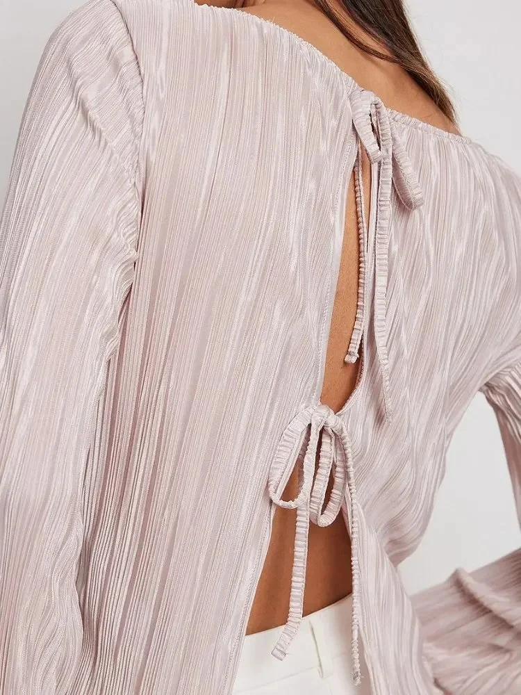 قميص نسائي جديد مثير برباط وردي لعام 2025 بلوزات صيفية بأكمام طويلة بلوزات نسائية عصرية مريحة ذات ثنيات بلوزة نسائية #5