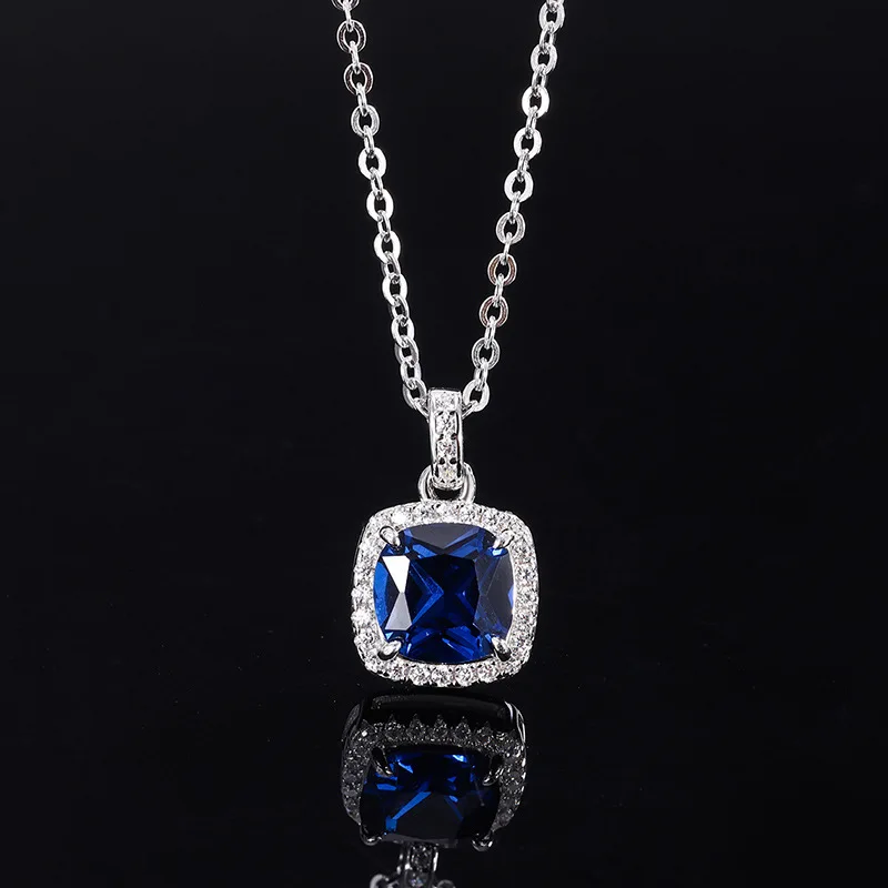 Jewelry S925 Sterling Silver Hot Selling Blue Sapphire Full Diamond Inlaid Pendant Earrings Main Stone 8*8