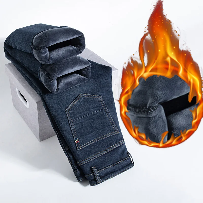 

Male Winter Thermal Jeans Men Double Layer Fleece Denim Pants Thicken Warm Baggy Work Business Quality Fashion Long Trousers