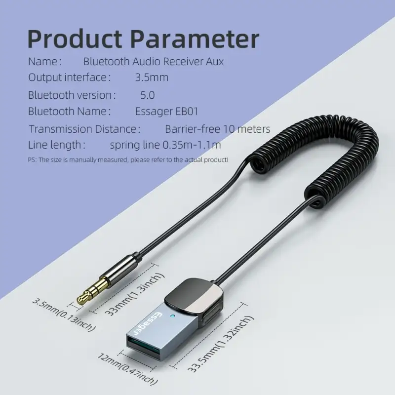 إيسونجير محول بلوتوث USB إلى AUX، جهاز استقبال بلوتوث للسيارة، يدعم المكالمات بدون استخدام اليدين، إرسال BT - 3