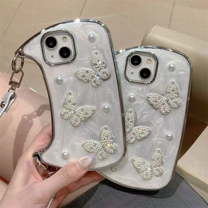 Koreanische 3D-Glitzer-Perlen-Schmetterlings-Handyhülle für iPhone 17, Air 16, 15, 14, 13, 12, Handtasche, Lederband, stoßfeste Schutzhülle