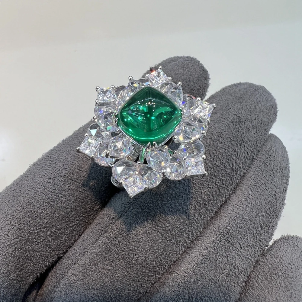 Wong Rain 925 Sterling Silver Sugar-loaf Cut Emerald High Carbon Diamonds Gemstone Cocktail Party Flower Rings Jewelry for Women