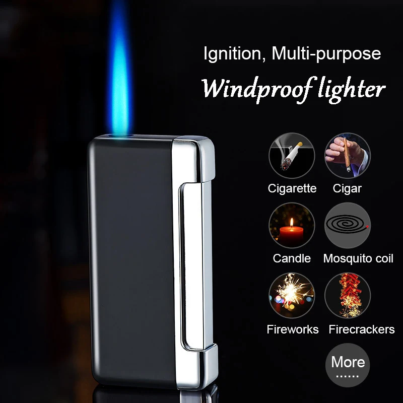 

Creative Metal Straight Flush Blue Flame Inflatable Gas Lighter Outdoor Windproof Personality Men's Cigarette Cigar Lighter Gift