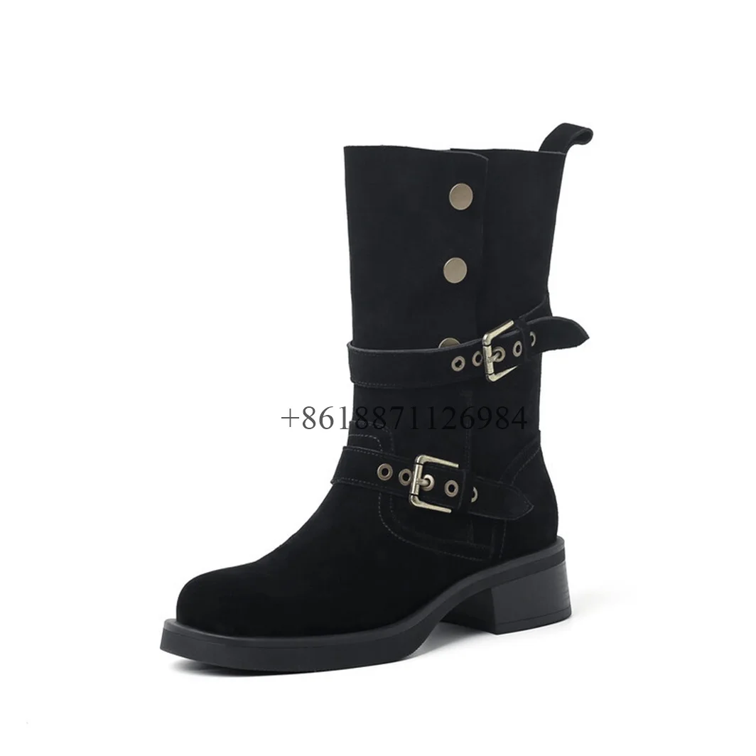 Genuine Leather Mid-Calf Round Toe Women Boots With Belt Buckle Chunky Middle Heels Button Design Large Size Customized Shoes