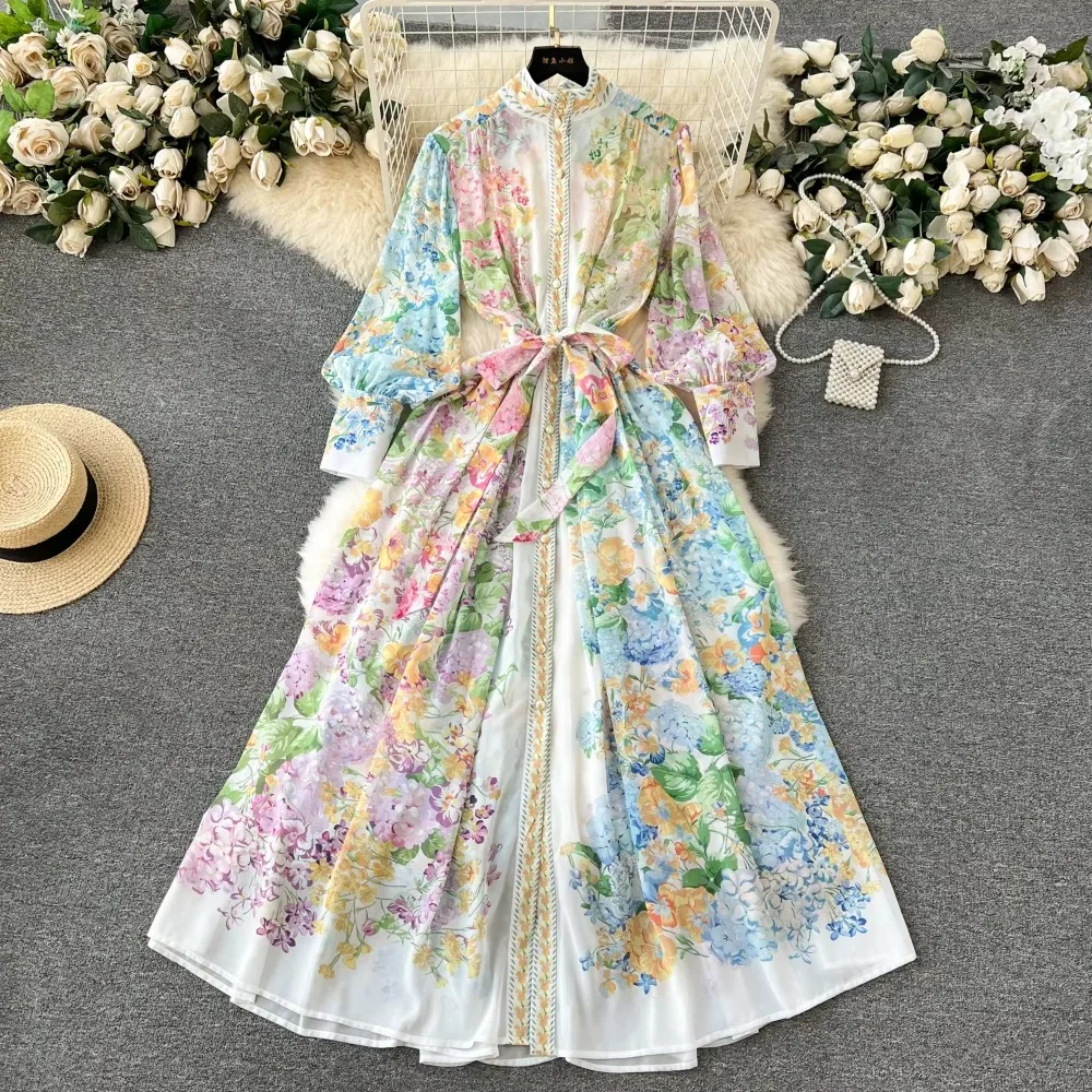 Vintage Print Elegant Half High Collar Single Breasted Long Sleeve Dress A-line Casual Women Fashion Autumn Spring Vestidos