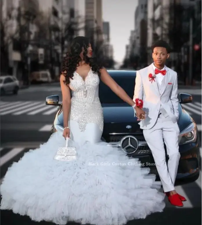 화이트 화려한 레이스 인어 웨딩 드레스 여성을위한 맞춤 제작 스파클링 다이아몬드 페르시 아프리카 웨딩 저녁 vestido de noche