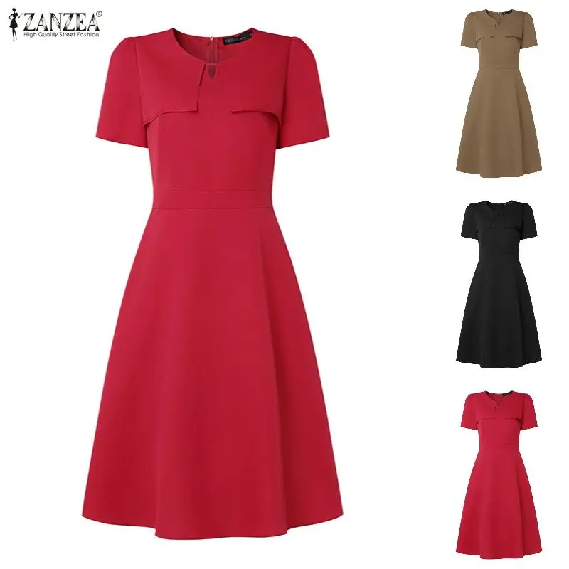 ZANZEA Elegantes Sommer A-Linien-Kleid 2026 Damen O-Ausschnitt Kurzarm-Sommerkleid Stilvolles Einfarbiges OL Arbeitskleid Urlaubs-Midikleid