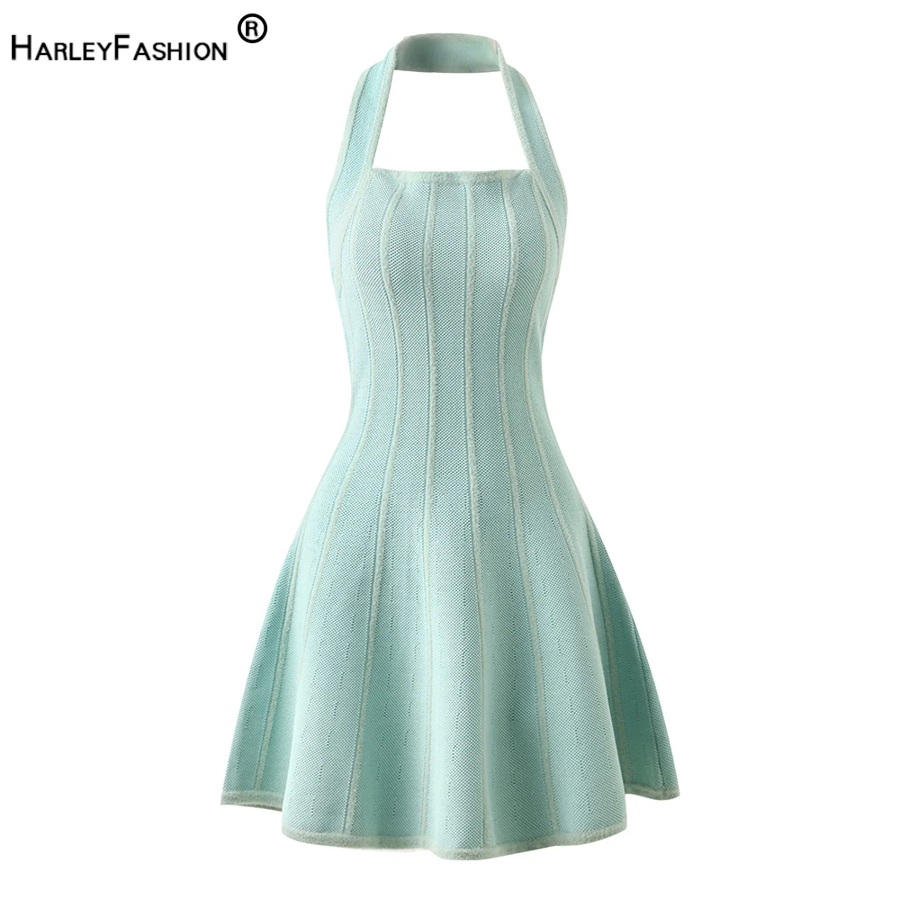 Newest Summer Unique Hot Women Sexy Party Halter A-line Knitted Street Dress High Quality Backless