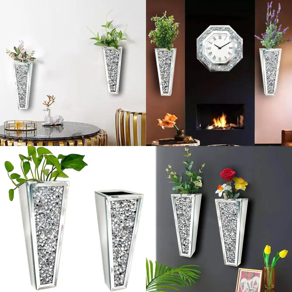 

Large Diamond Mirrored Hanging Planter Set - Geometric Decorative Silver Vase for Home, Suitable for Faux Plants and Water.