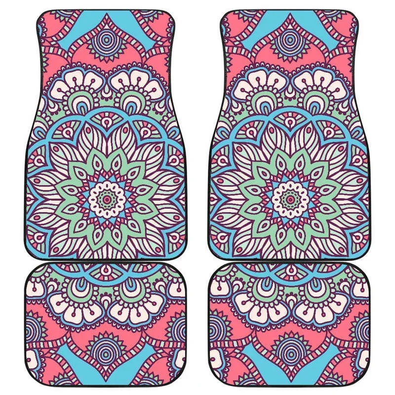 Pastel Mandala Bohemian Pattern Print Front and Back Car Floor Mats Heavy Carpet Front and Rear Full Set 4PCs Pack