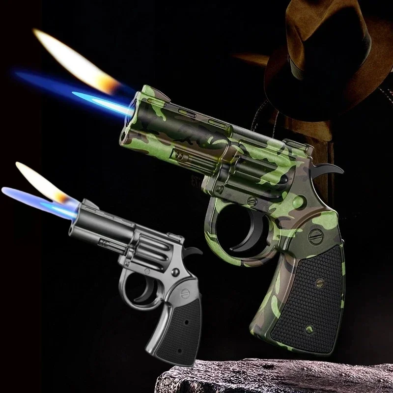 

Metal Dual Flame Gun Type Inflatable Lighter Windproof Outdoor Jet Flame Portable Lighter Cigarette Accessories Men's Gift