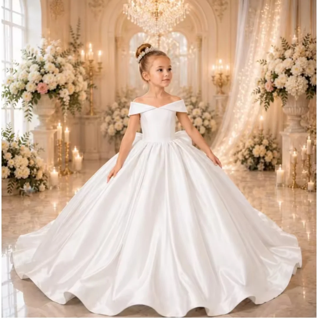 Off Shoulder White Satin Girls First Communion Dress Big Bow Ball Gown Floor Length With Train Kids Pageant Flower Girl Dresses