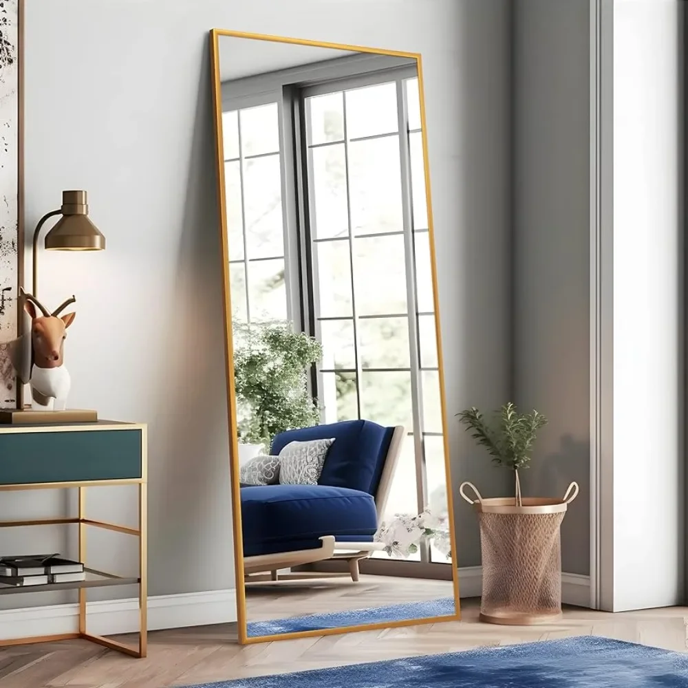 

Full Length Mirror Hanging Dressing Mirror Wall-Mounted with Stand,Full Body with Aluminum Alloy Gold,65"x22" Freight free