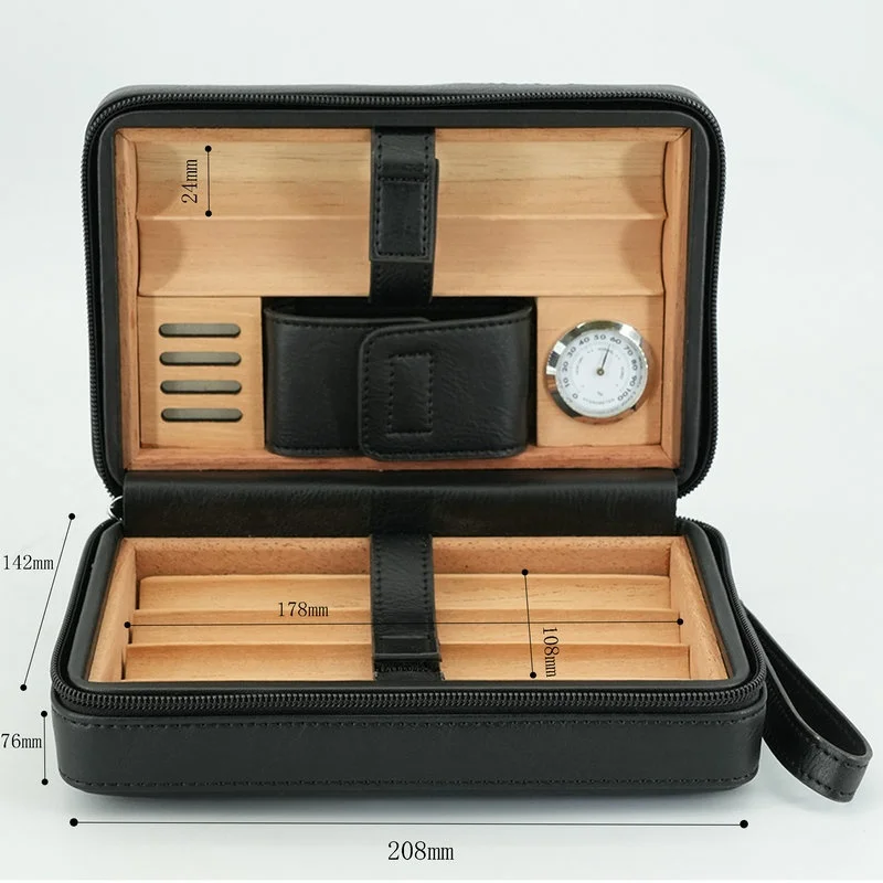 Leather Cigar Case 6 Pack Portable Cigar Humidor Cedar Wood Lining with Hygrometer Travel Smoking Accessories