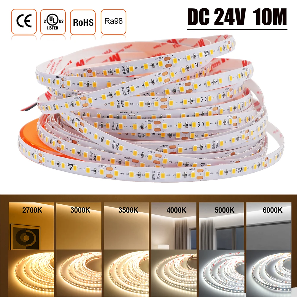 

DC 24V 10M LED Strip RA98 IP20 SMD 2835 120Leds/M 2700K 3000K 3500K 4000K 5000K 6000K Home Decor Flexible Ribbon Tape Light